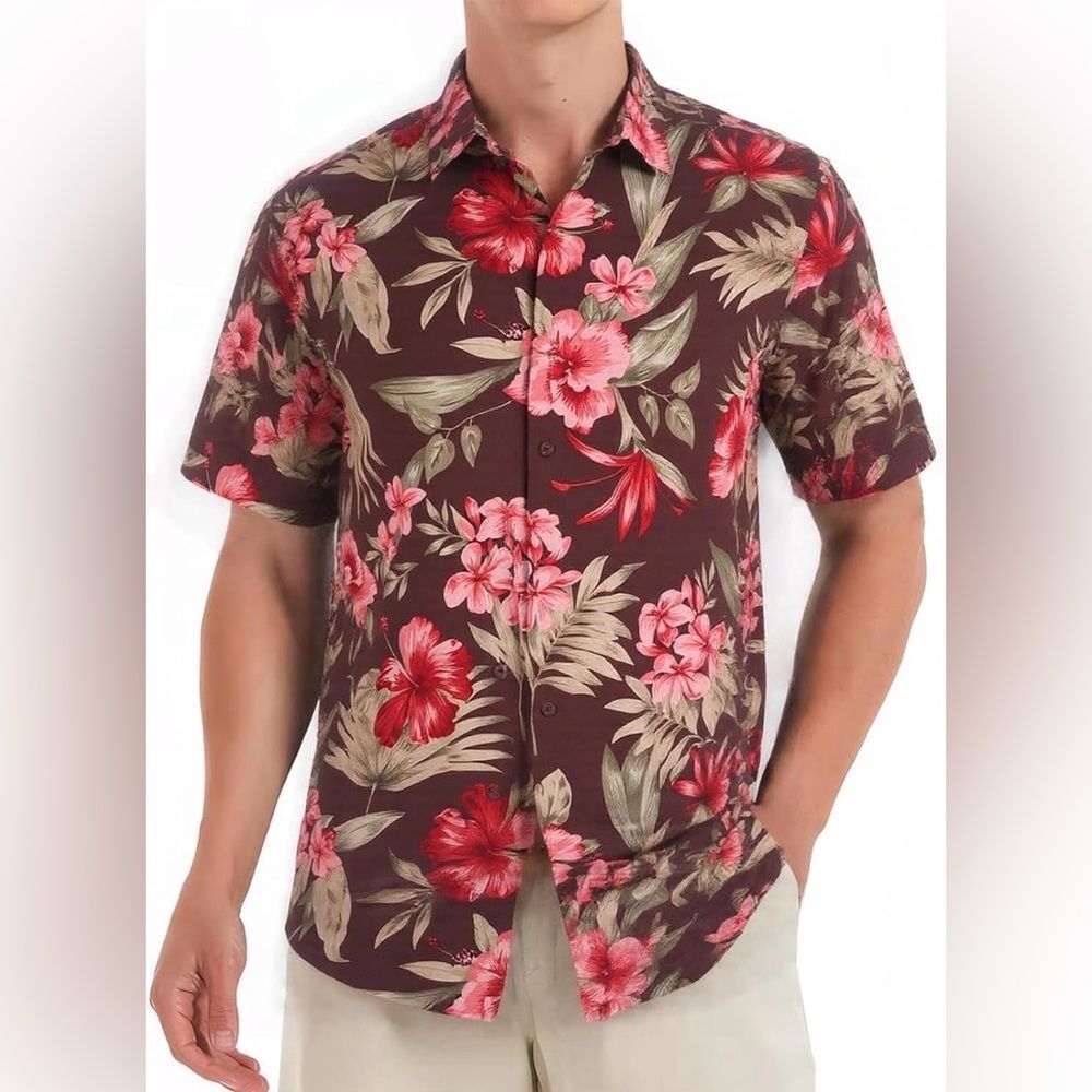 Havana Breeze Brown Pink Aloha Hawaiian Shirt 100% Silk Men’s Size Large NWT